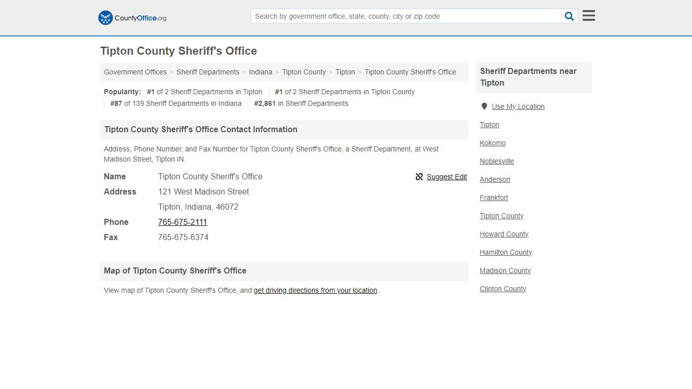 Tipton County Sheriff's Office - Tipton, IN (Address, Phone, and Fax)